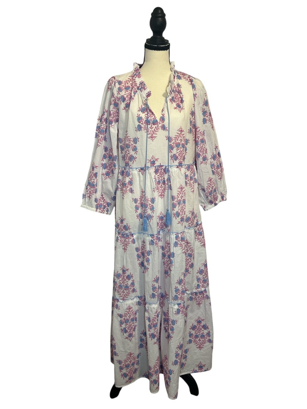 NWT Mudpie Farris Floral Tiered White Pink Blue Maxi Dress Boho